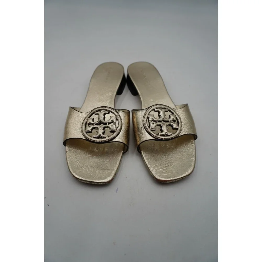 Tory Burch Miller Bombe Double T Logo Mule Sandals Gold Leather Women's Size 8.5